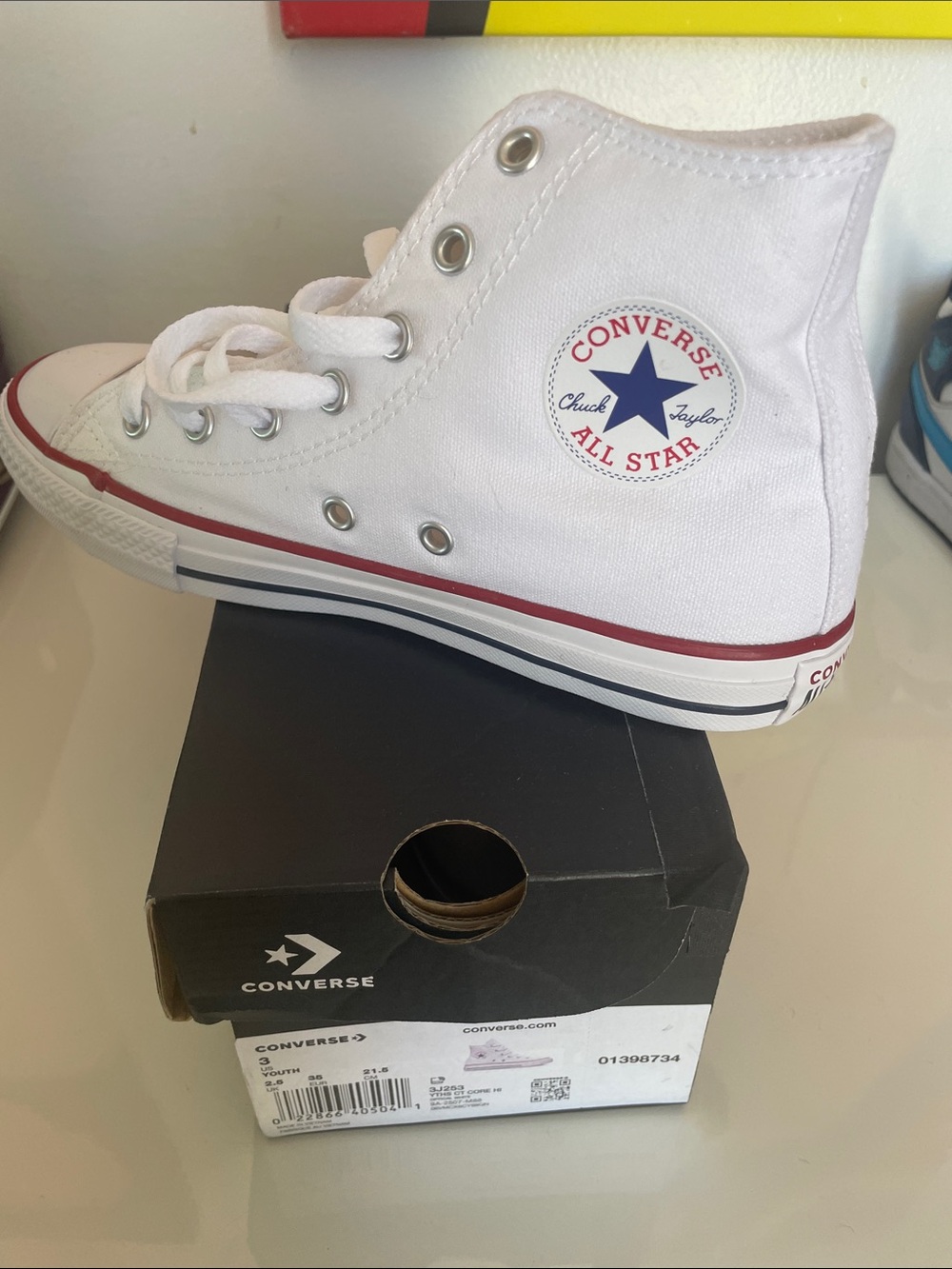 Converse White High Top Kids Sneakers with Red/Blue Trim